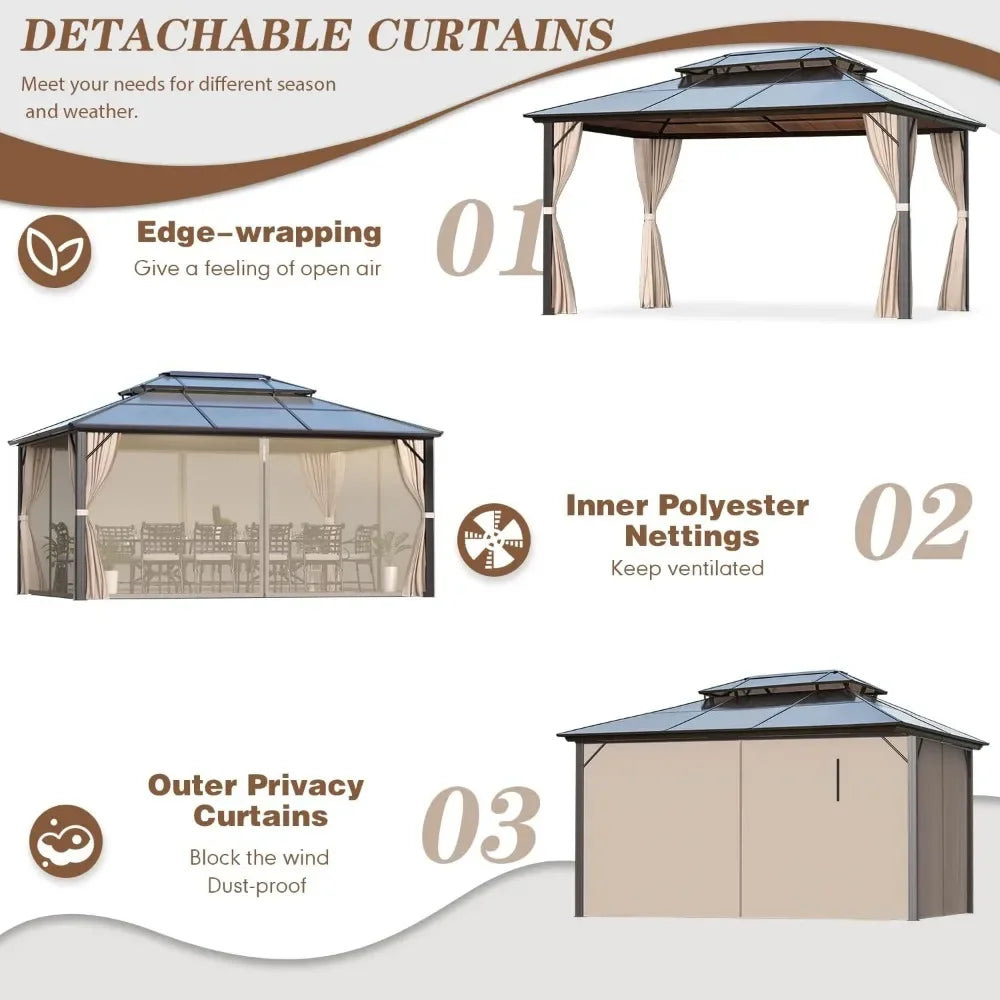 10' x 20' Gazebo Polycarbonate Double Roof Canopy with Netting and Curtains