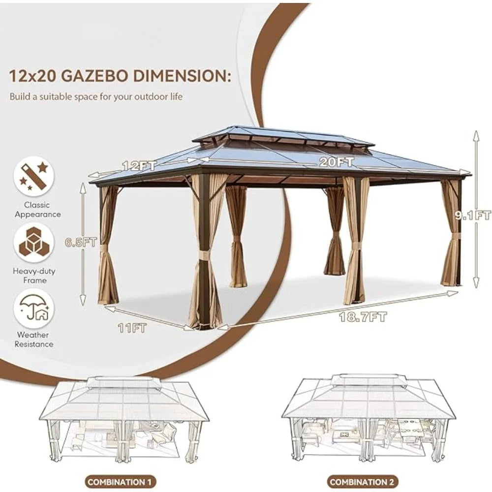 10' x 20' Gazebo Polycarbonate Double Roof Canopy with Netting and Curtains